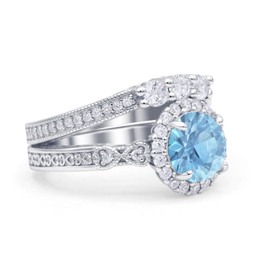 Halo Bridal Set Piece Round Wedding Band Ring Simulated Aquamarine 925 Sterling Silver Wholesale